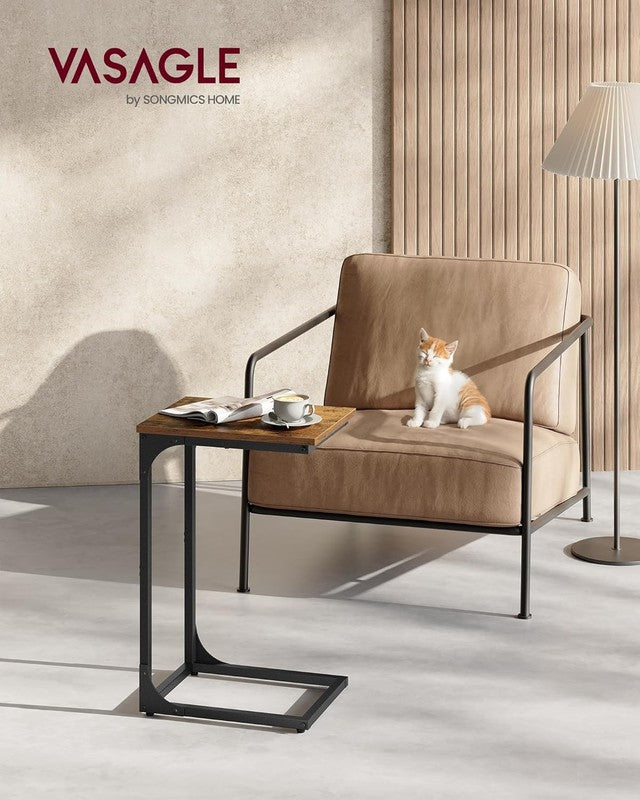 C Shaped Side Table, Sofa End Table with Metal Frame, Rustic Brown & Black1
