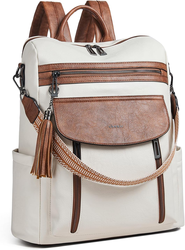 Women Laptop Backpack 15.6" Leather Travel Work Water Resistant Beige Brown9
