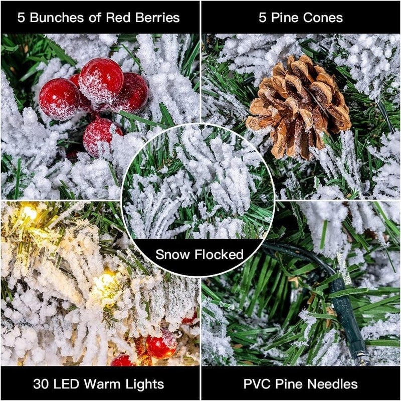 24" Pre-Lit Snowy Flocked Christmas Wreath 30 LED Red Berries Pinecones Bow4