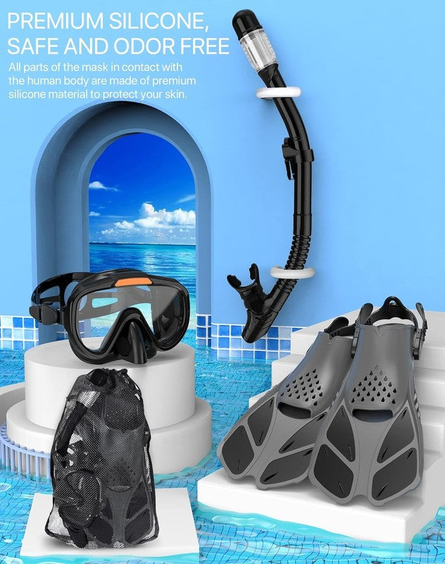 Snorkeling Gear for Adults Men Women,4 in 1 Snorkel Set with Panoramic View Divi0