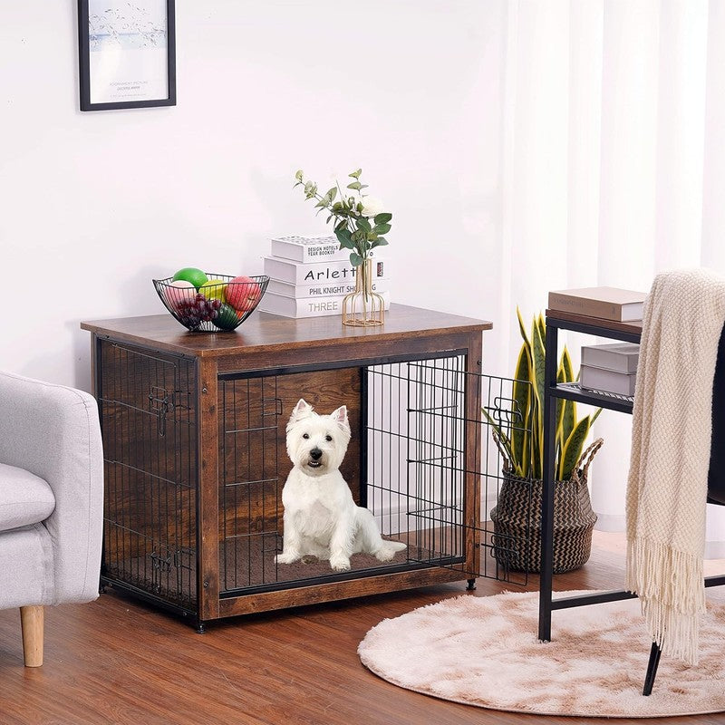 Dog Crate Furniture Table w/Cushion Wooden Kennel Double Door 27.2in Brown1