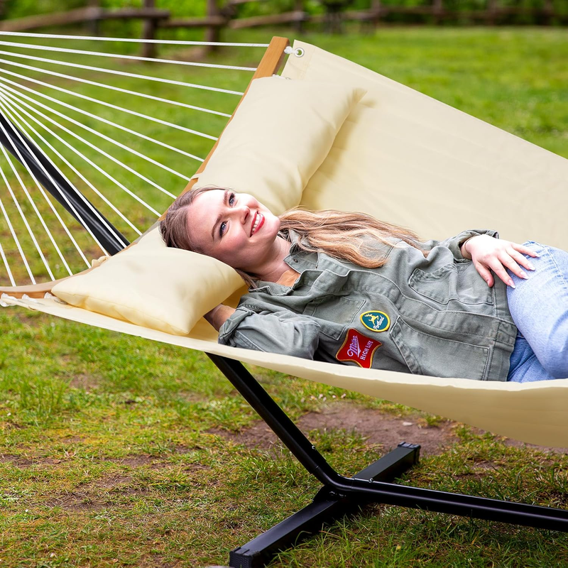Outdoor Double Hammock with Stand Curved Bar Carry Bag Beige Fabric1