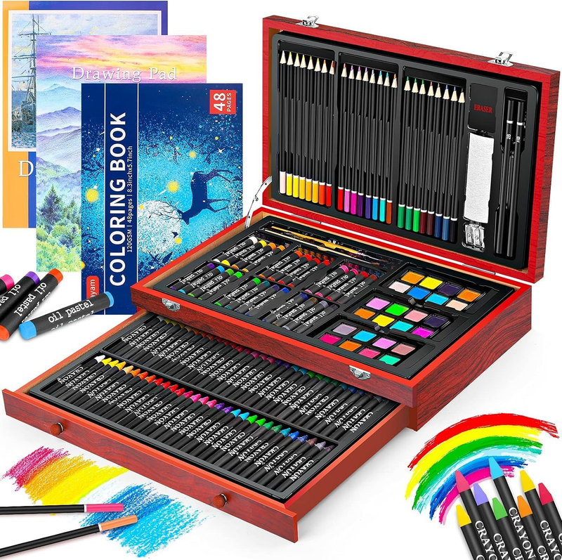 Art Supplies, 150-Pack Deluxe Wooden Art Set Crafts Drawing Painting Kit with 2 5