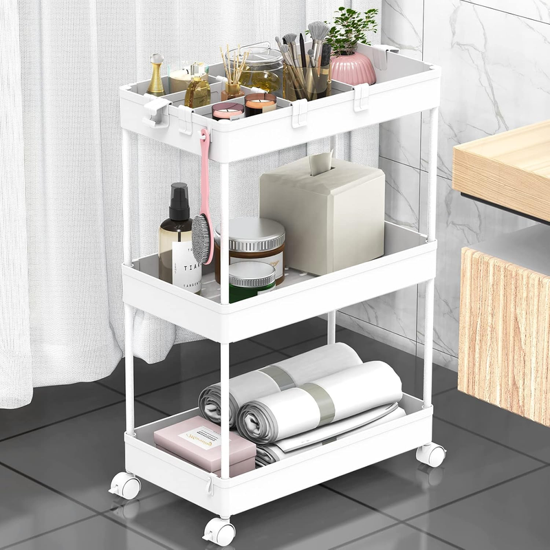 3-Tier Rolling Cart with Wheels, Storage Trolley Organizer with Baskets, White0