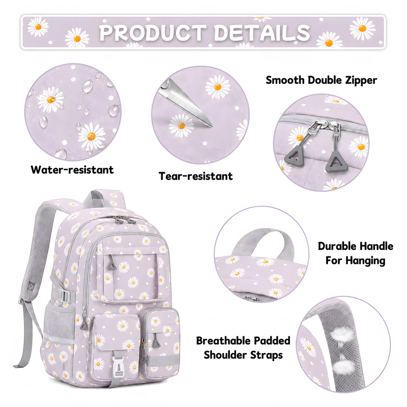 Kids School Backpack Set w/ Lunch Bag Pencil Case Gray Flower5
