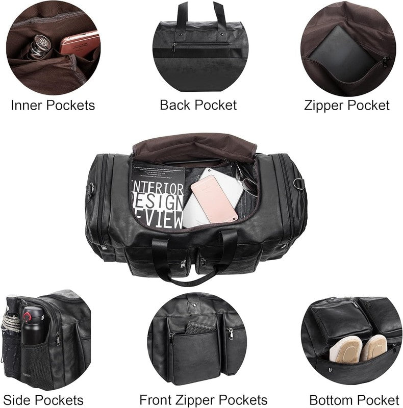 Travel Bag with Shoe Pouch,Weekender Overnight Bag Leather Large Carry on Bag3