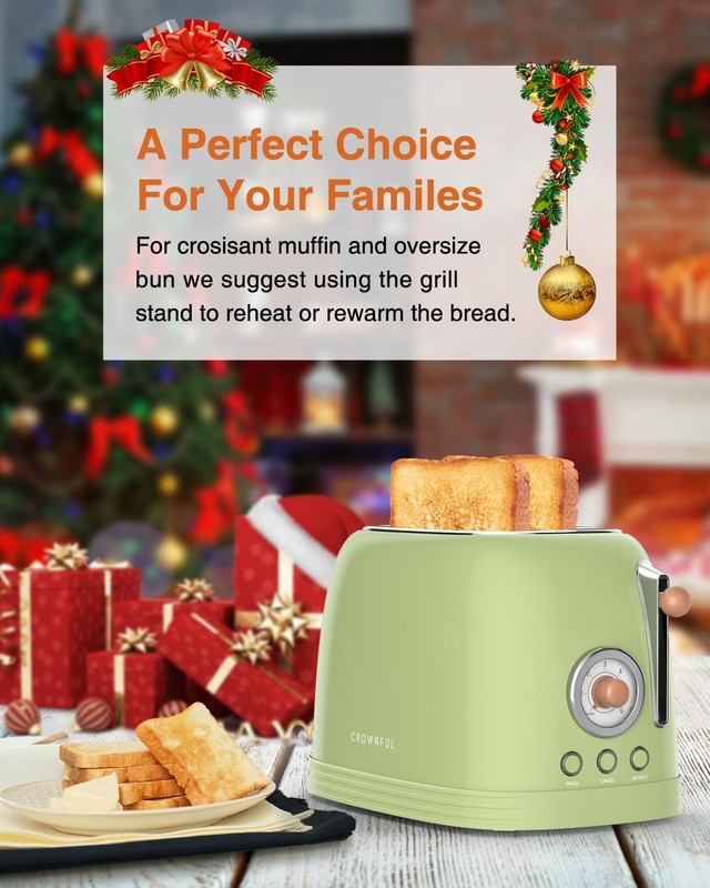 Retro 2-Slice Toaster Green - Wide Slots, Bagel, Defrost, Cancel, 6 Shade6