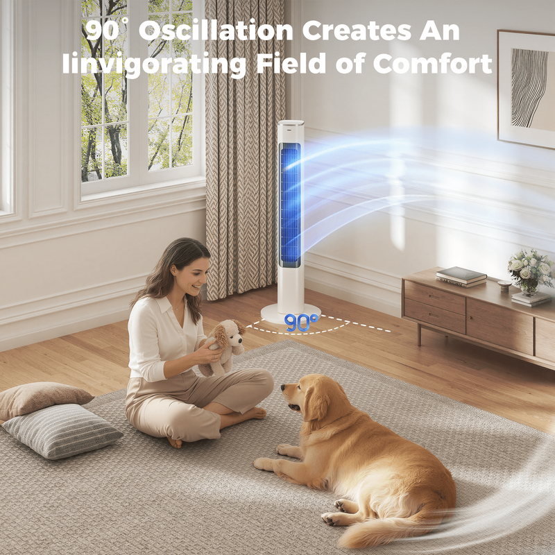Tower Fan, 40" Electric Fan for Bedroom, 90° Oscillating Stand Fan with Remote, 1