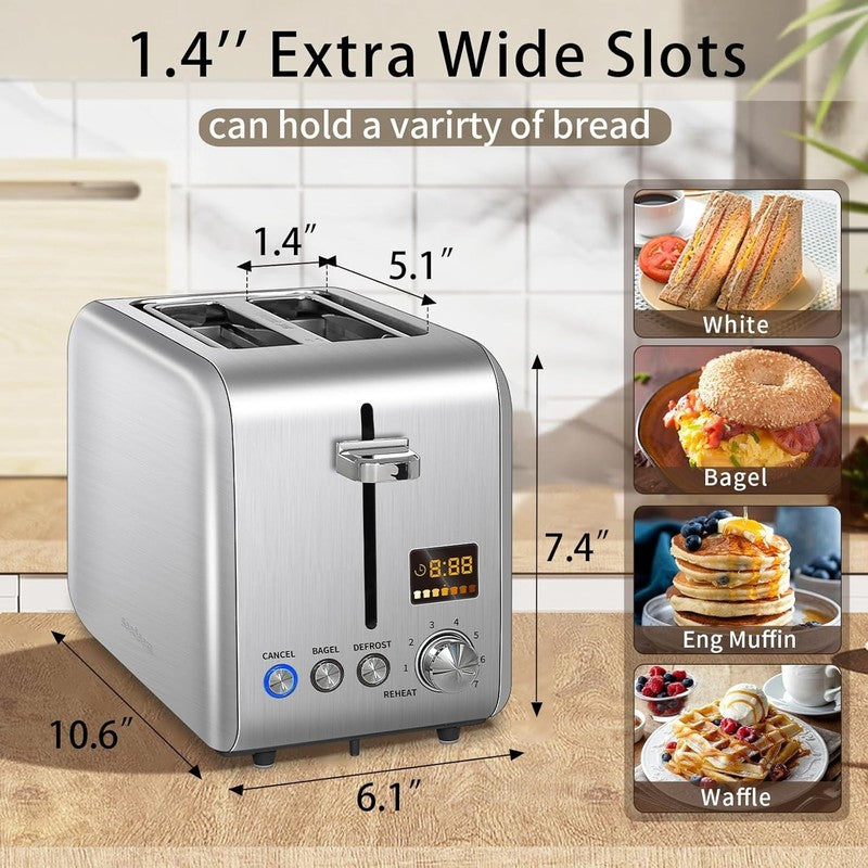 Silver 2 Slice Toaster Stainless Steel - LCD Display, 7 Shades, Bagel, Defrost1