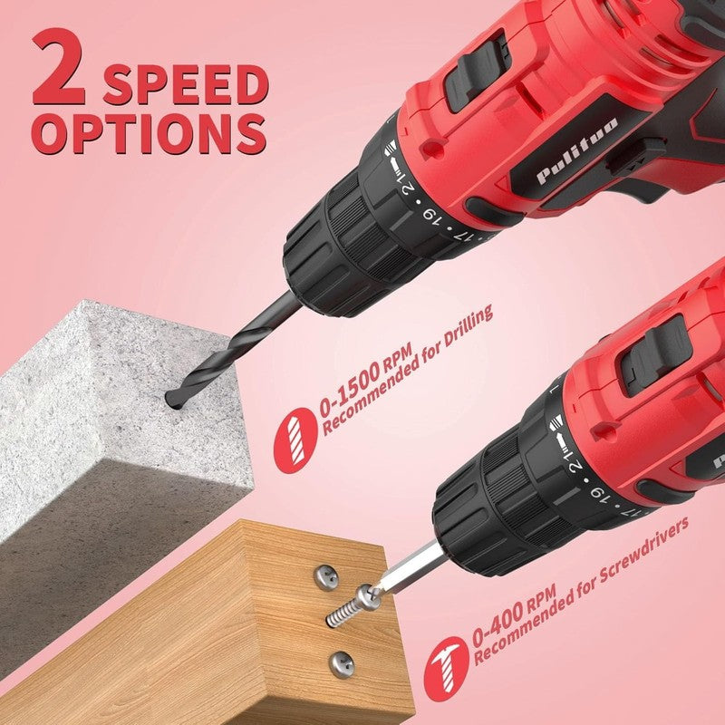 20V Cordless Drill Driver Kit 30Nm 21+1 Torque 2-Speed LED 2 Batteries Red1