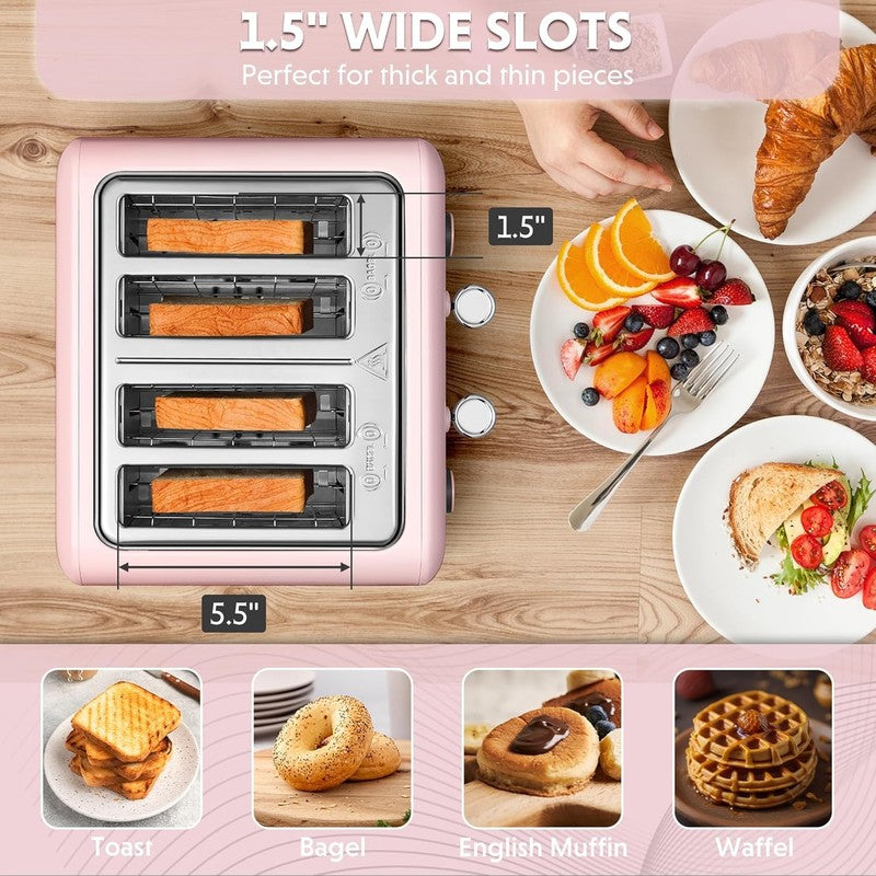 Retro 4 Slice Toaster 1800W Extra Wide Slots 7 Shade Bagel Muffin Stainless Pink2