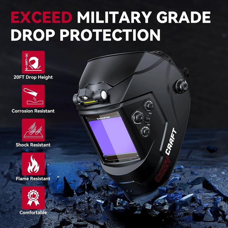 Large View 3.94" X 3.66" True Color Auto Darkening Welding Helmet with Light, So5