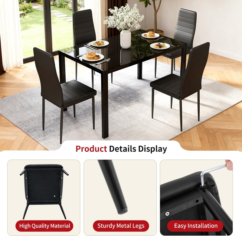 Set of 4 Dining Chairs Black Upholstered Faux Leather Dining Room Easy Assembly3