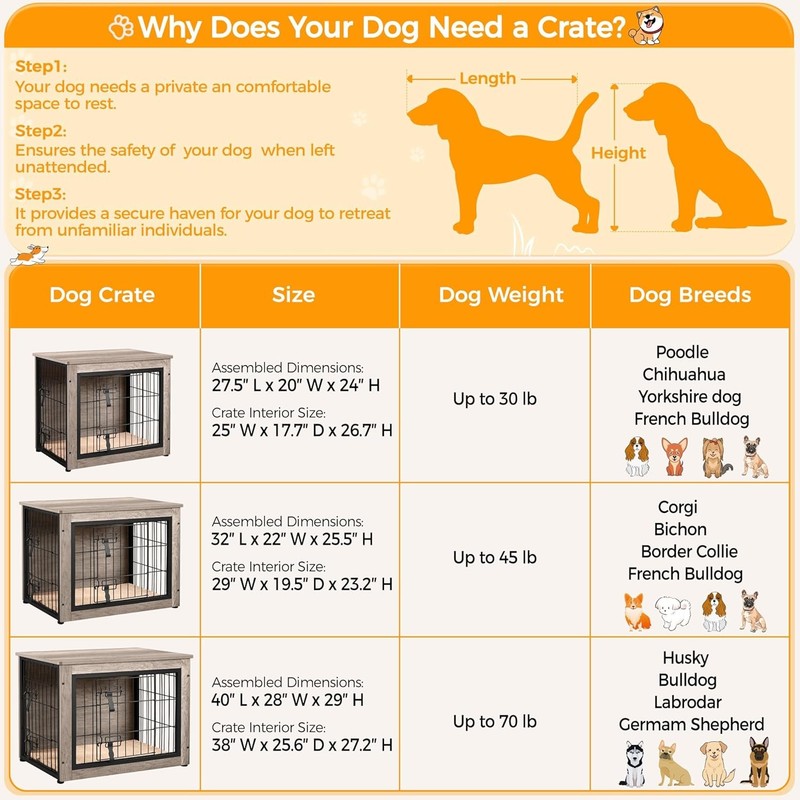 Wooden Dog Crate Table 27.5" w/Cushion Double Door Small/Medium Dogs Greige8