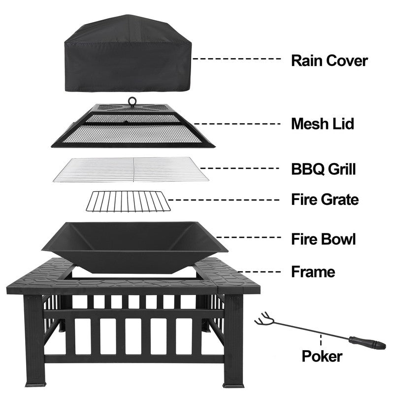 32" Outdoor Fire Pit Square Metal Firepit Patio Garden Stove Wood Burning8