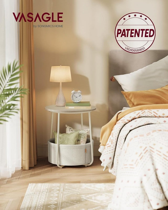 Small Round Side Table Nightstand with Fabric Basket Cream White3