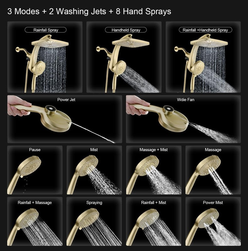 High Pressure Rain Shower Head w/ Handheld 10-Spray Combo Detachable Jets Gold1