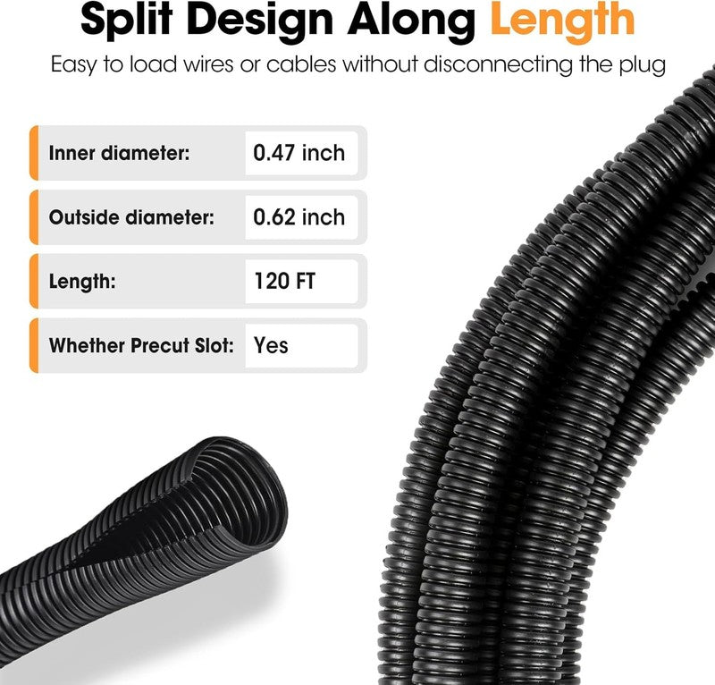 120FT Black Wire Loom 1/2" Split Tubing Conduit - Durable Wire Protector2
