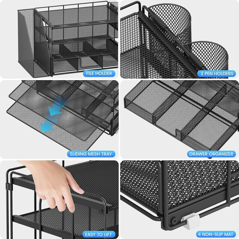 4-Tier Desk Organizer with Drawer & Pen Holders - Office Supplies (Black)5