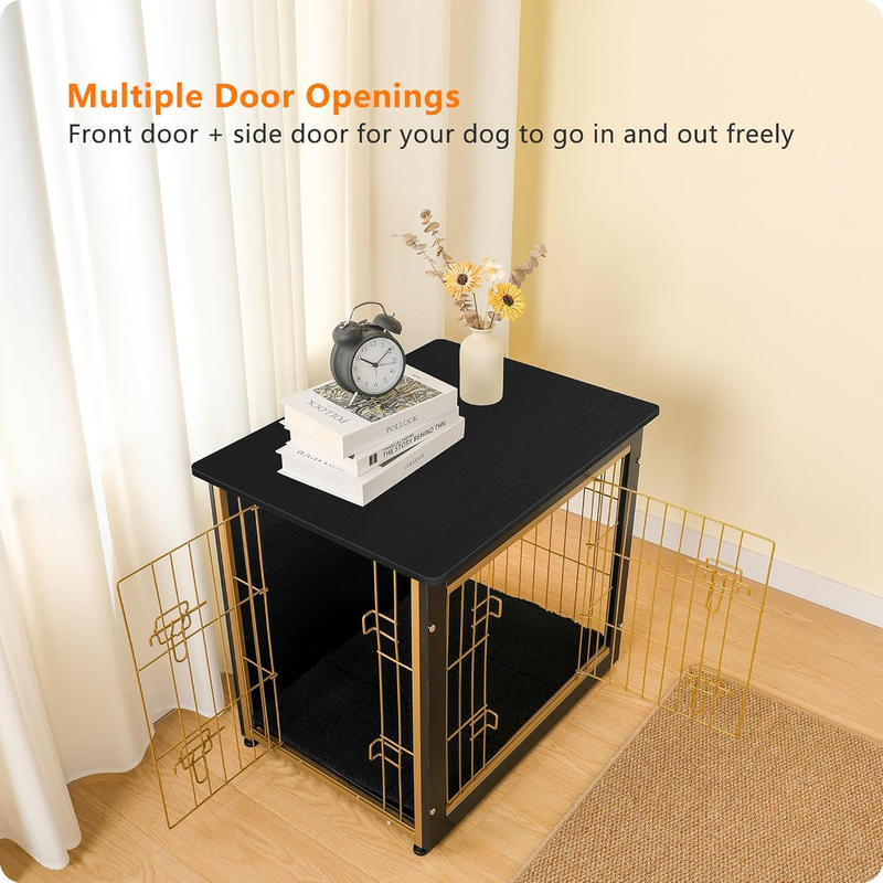 Dog Crate Furniture Table w/Cushion Wooden Kennel Double Door 27.2" Black/Gold3