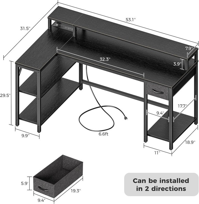 53'' L Shaped Gaming Desk LED Lights Power Outlets Reversible Black2