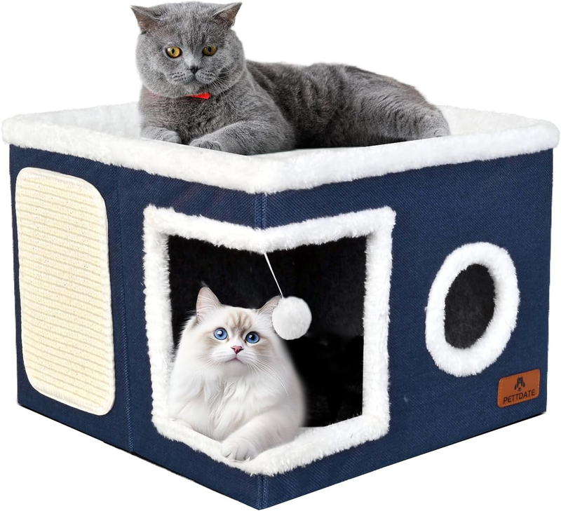Cat Beds for Indoor Cats, Large Cat Cave Bed with Scratch Pad and Fluffy Ball, F11