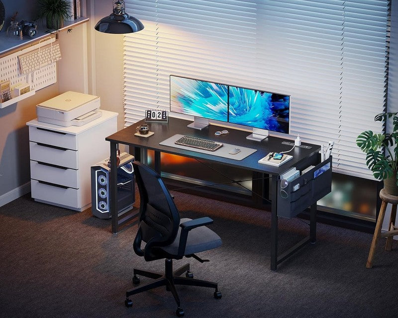 48" Small Computer Desk w/ Power Outlets USB Port Storage Bag Hook Office Black5