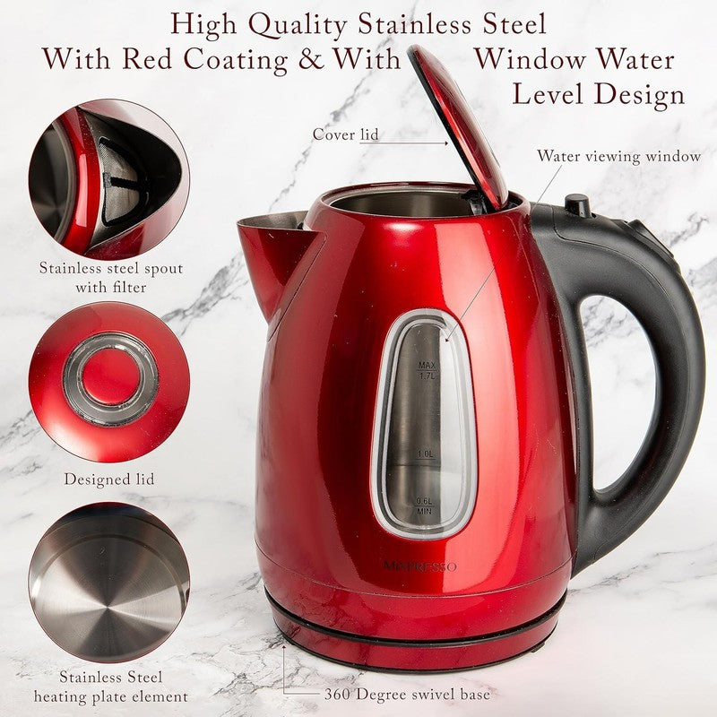 Electric Kettle 1.7L 1500W Stainless Steel Cordless Fast Boil Tea Kettle Red1