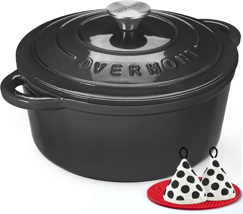 Enameled Cast Iron Dutch Oven   5.5QT Pot with Lid Cookbook & Cotton Potholders 10