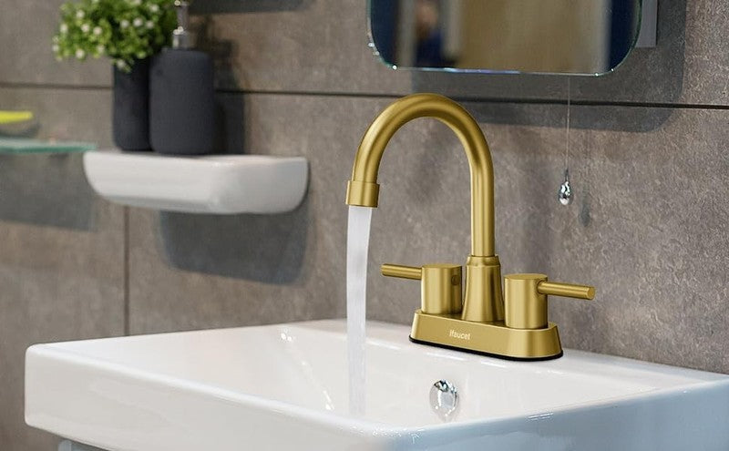 Brushed Gold Bathroom Faucet 4" Centerset 2 Handle w/ Copper Drain6