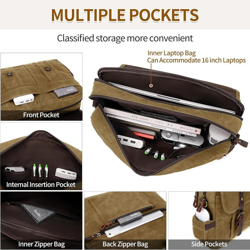 Men's 15.6" Vintage Canvas Leather Laptop Messenger Bag Khaki Satchel4