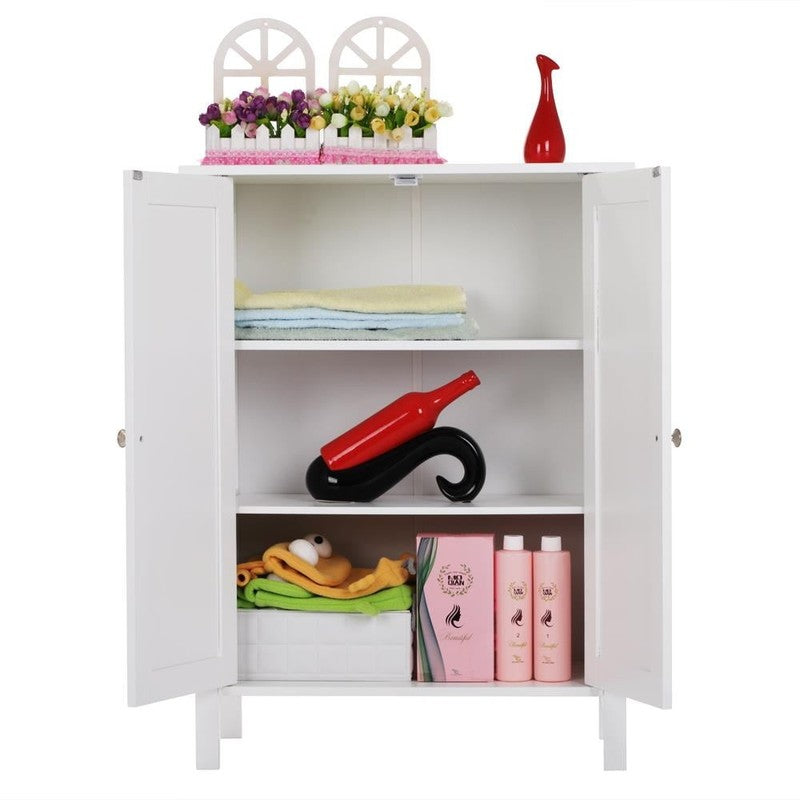 White Wooden 2 Door Bathroom Cabinet Storage with 3 Shelves Free Standing10