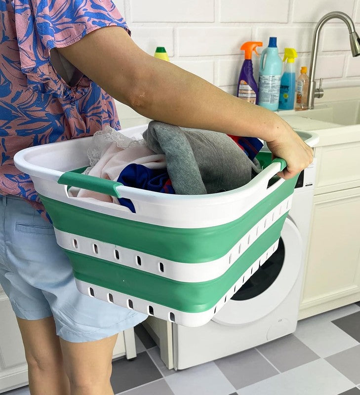 42L Collapsible Plastic Laundry Basket White/Winter Green Foldable Hamper2