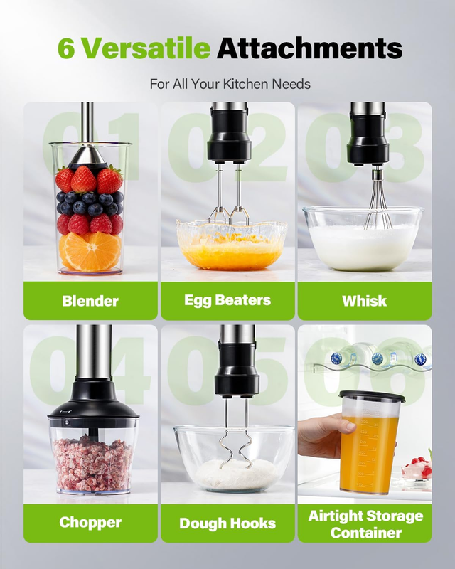 6-In-1 Immersion Blender, 1000W Hand Blender with 20 Speeds, Scratch-Resistant S1