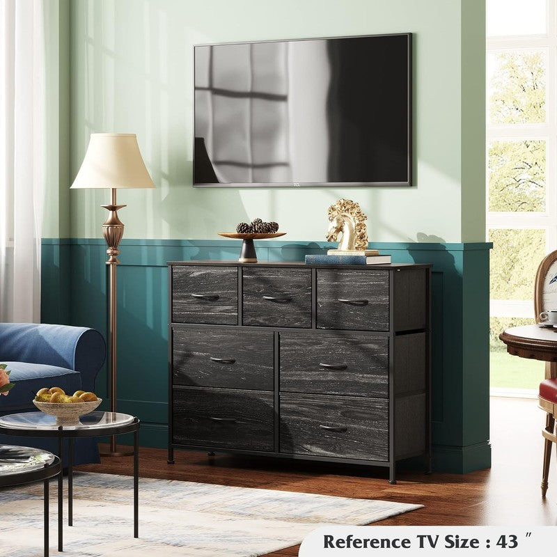 7 Drawer TV Stand Dresser Charcoal Black Wood Grain Metal Frame Storage Chest1