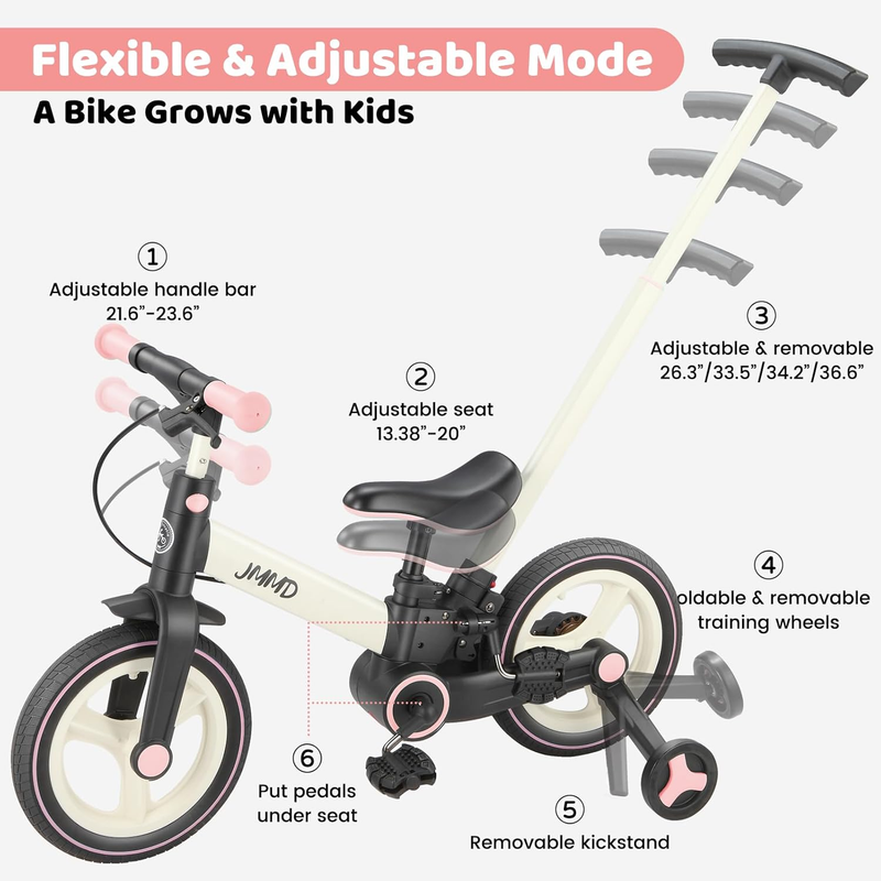 6-in-1 Toddler Bike 12" Balance Bike Push Handle Training Wheels Kids3