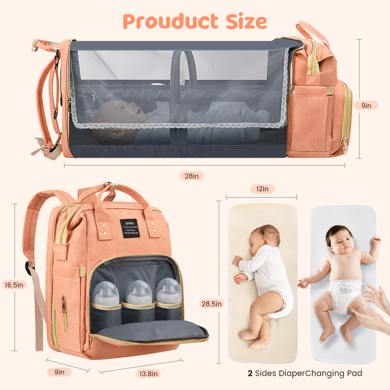 Diaper Bag Backpack w/ Crib, USB, Bottle Holders – Pink Travel Nappy Bag6