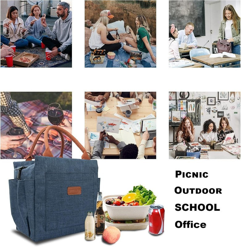 Insulated Lunch Bag for Women Men Large Reusable Tote w/ Bottle Holder Navy Blue6