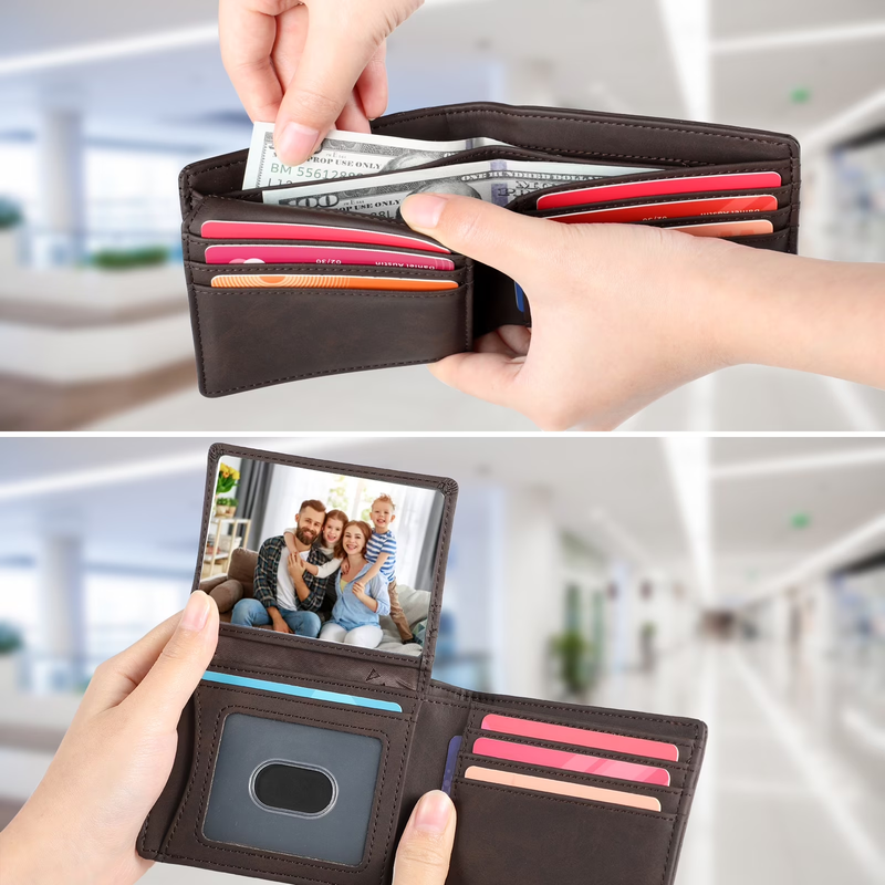 Men's Slim Leather RFID Blocking Bifold Wallet 2 ID Windows 15 Card Holder2
