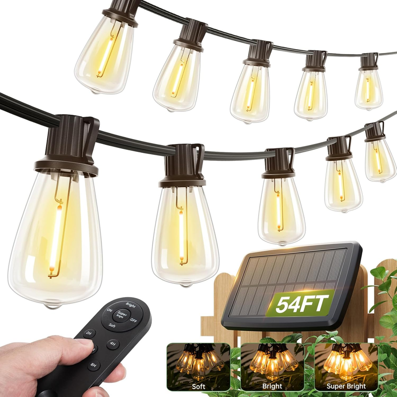 54FT Solar String Lights with Remote, 15 Shatterproof Bulbs, 3 Modes9