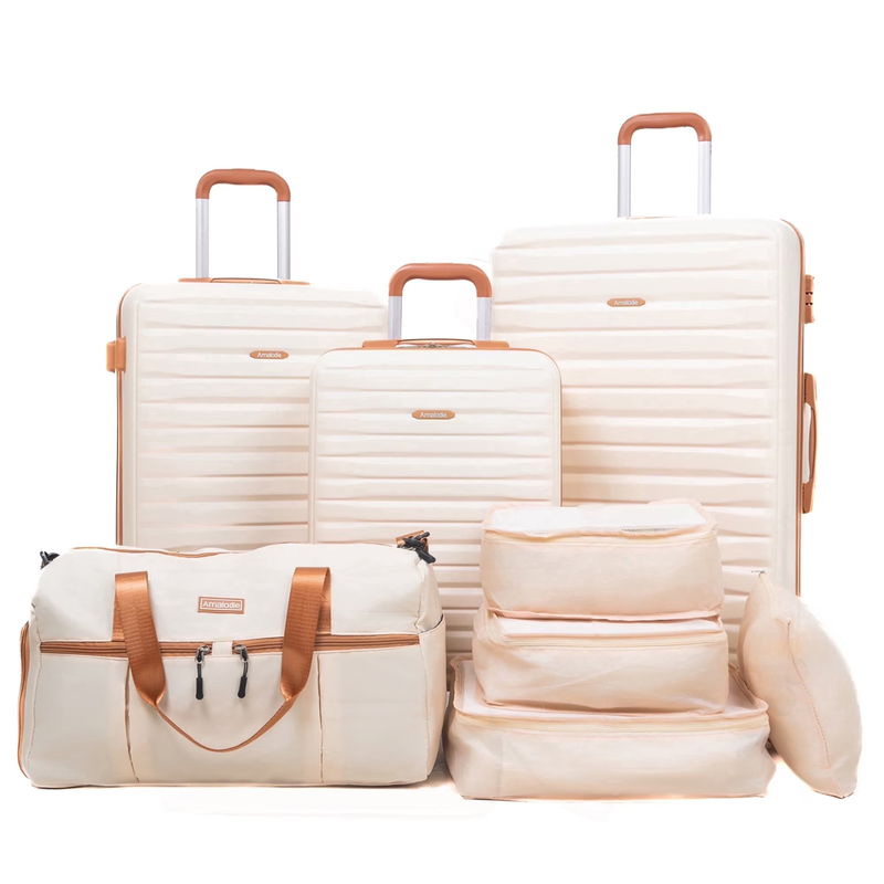 3Pc Hardside Luggage Set TSA Spinner Suitcase Duffle Packing Cubes Beige0