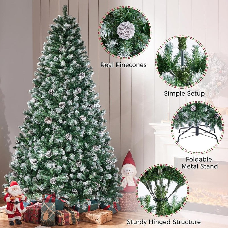 7.5Ft Artificial Christmas Tree, Snow Flocked Christmas Tree W/82 Pinecones, 1340