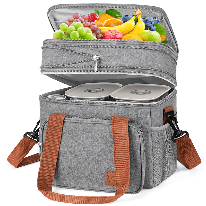 17L Insulated Lunch Bag Expandable Double Deck Cooler Tote Leakproof Work Gray10
