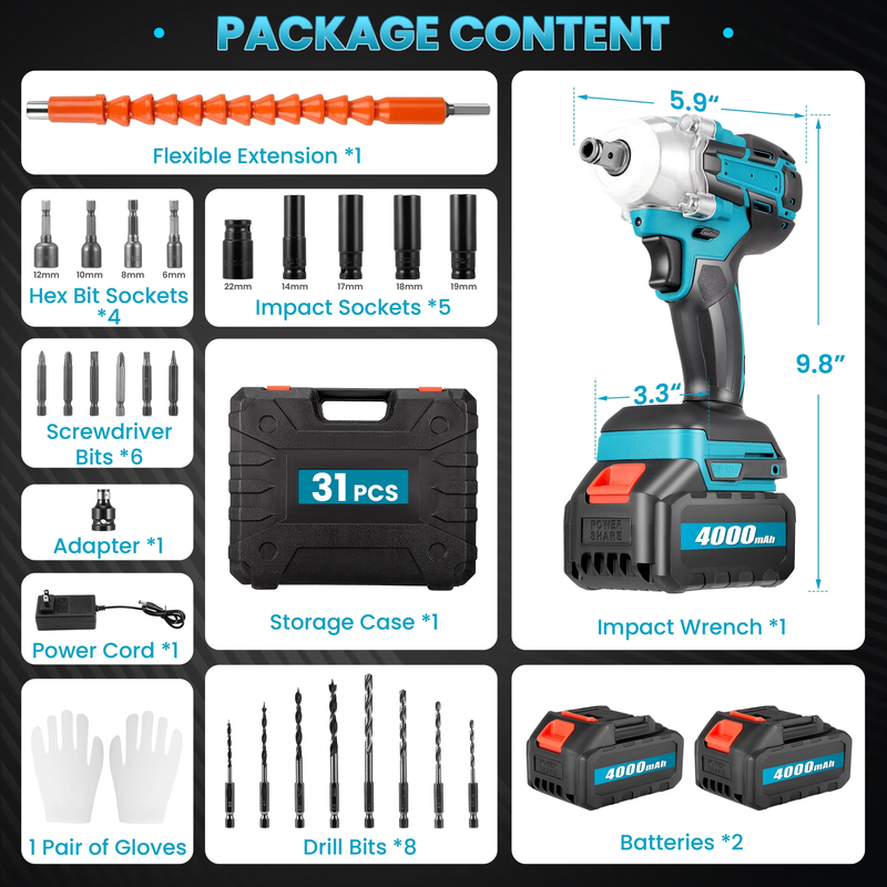 1/2in Cordless Impact Wrench 553ft lb Brushless w/ 2x 4.0Ah6