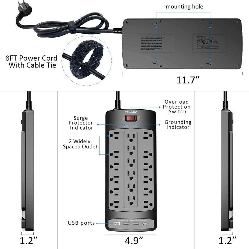 18 Outlets Surge Protector Power Strip - 6 Feet Flat Plug Heavy Duty Extension C6