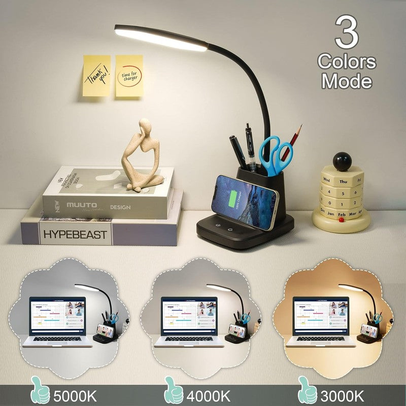 LED Desk Lamp with Wireless Charger & Pen Holder, Dimmable 3 Color Modes2