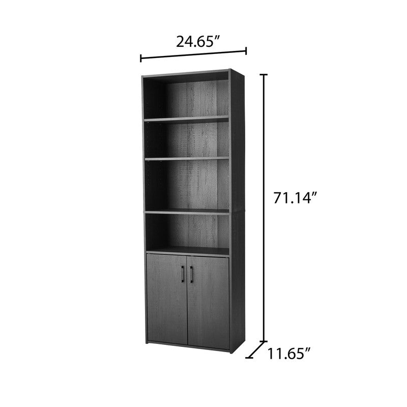 Traditional 5 Shelf Bookcase with Doors, Black Finish2