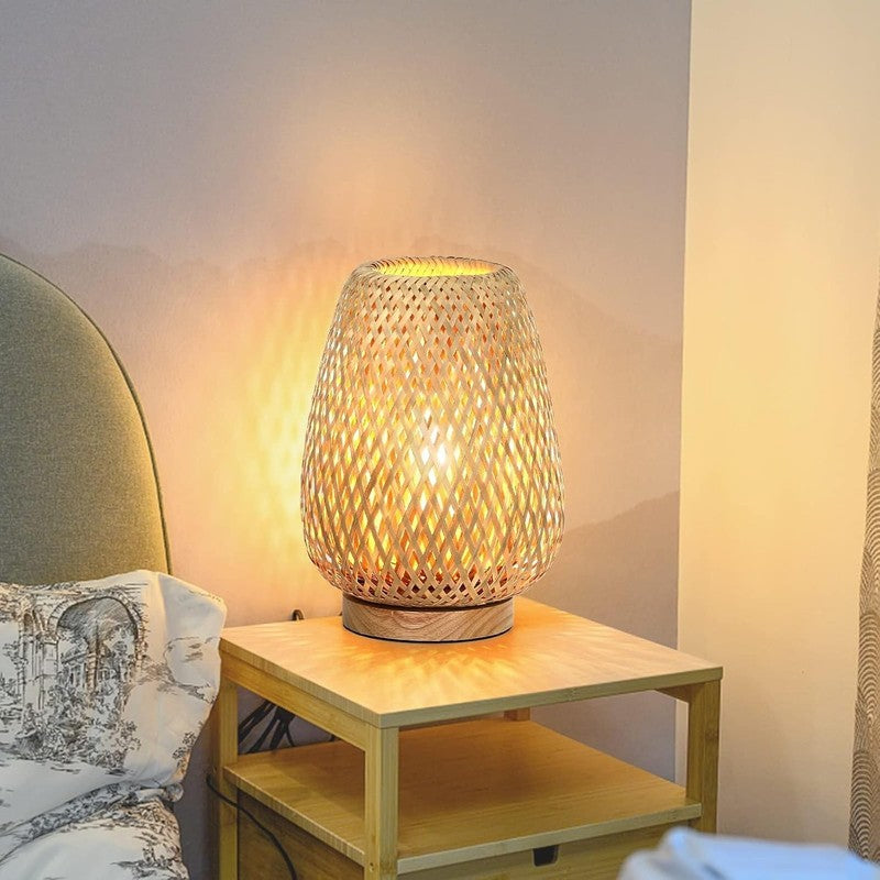 Rattan Table Lamp Dimmable Small Bedside Wicker Nightstand Wooden LED4