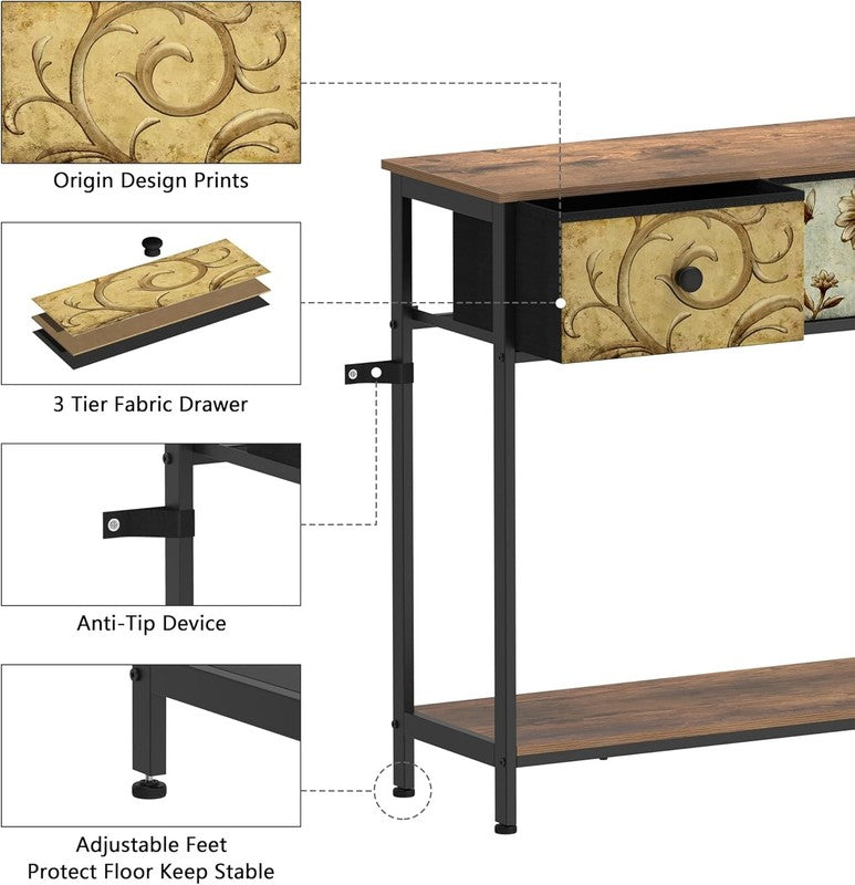 Entryway Console Table Rustic Brown Boho Sofa Table 3 Fabric Drawers Shelf5