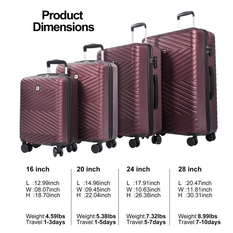4 Piece Hardshell Luggage Set Hardside Lightweight Suitcase with TSA Lock Spinne2